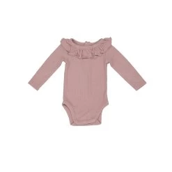 Silver Pink Ruffle Collar Ribbed Long Sleeve Bodysuit