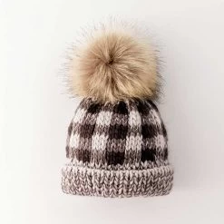 Grey Buffalo Check Pom Pom Knit Beanie Hat