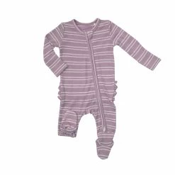 Lilac Stripe Ribbed Ruffle Back 2-Way Zipper Footie