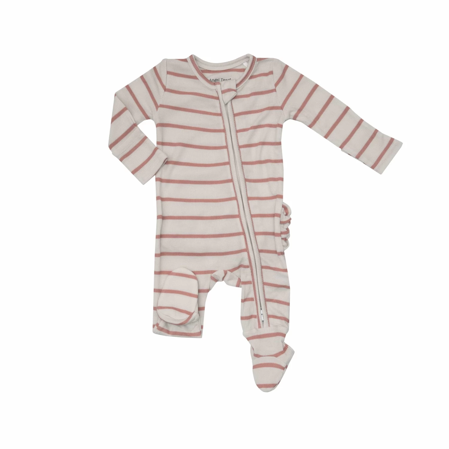 Rose Tan Stripe Ribbed Ruffle Back 2-Way Zipper Footie 3 Rose Tan Stripe Ribbed Ruffle Back 2-Way Zipper Footie