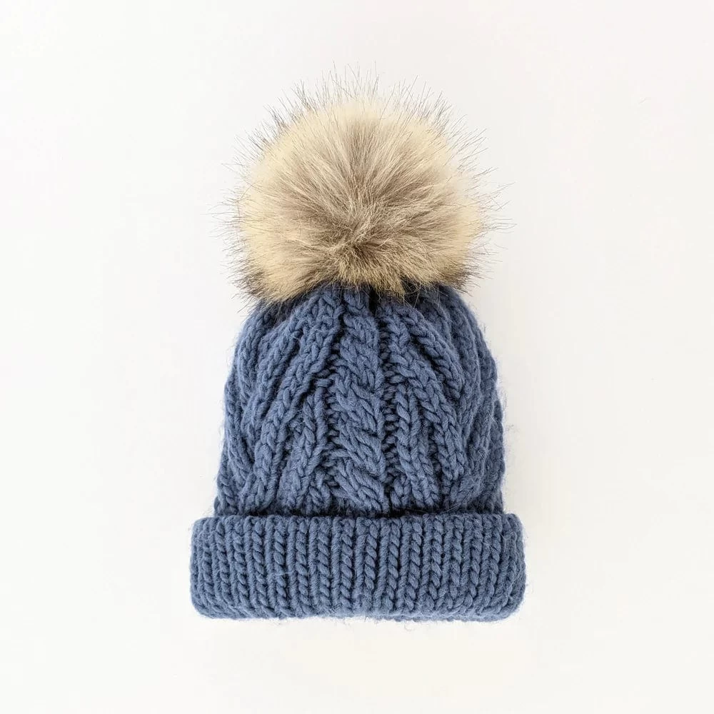 Slate Blue Pop Pom Pom Beanie Hat 3 Slate Blue Pop Pom Pom Beanie Hat