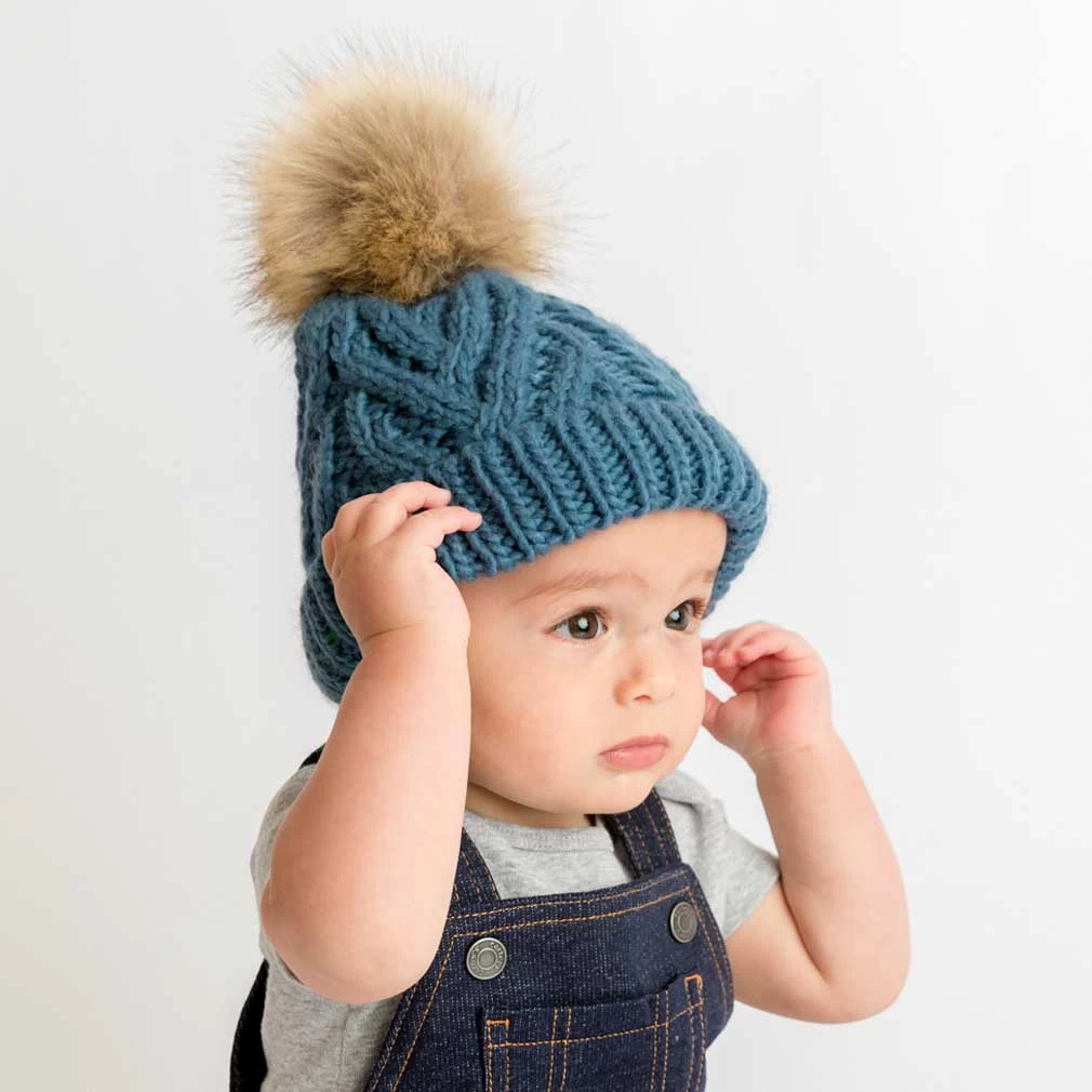 Slate Blue Pop Pom Pom Beanie Hat 4 Slate Blue Pop Pom Pom Beanie Hat - Image 2
