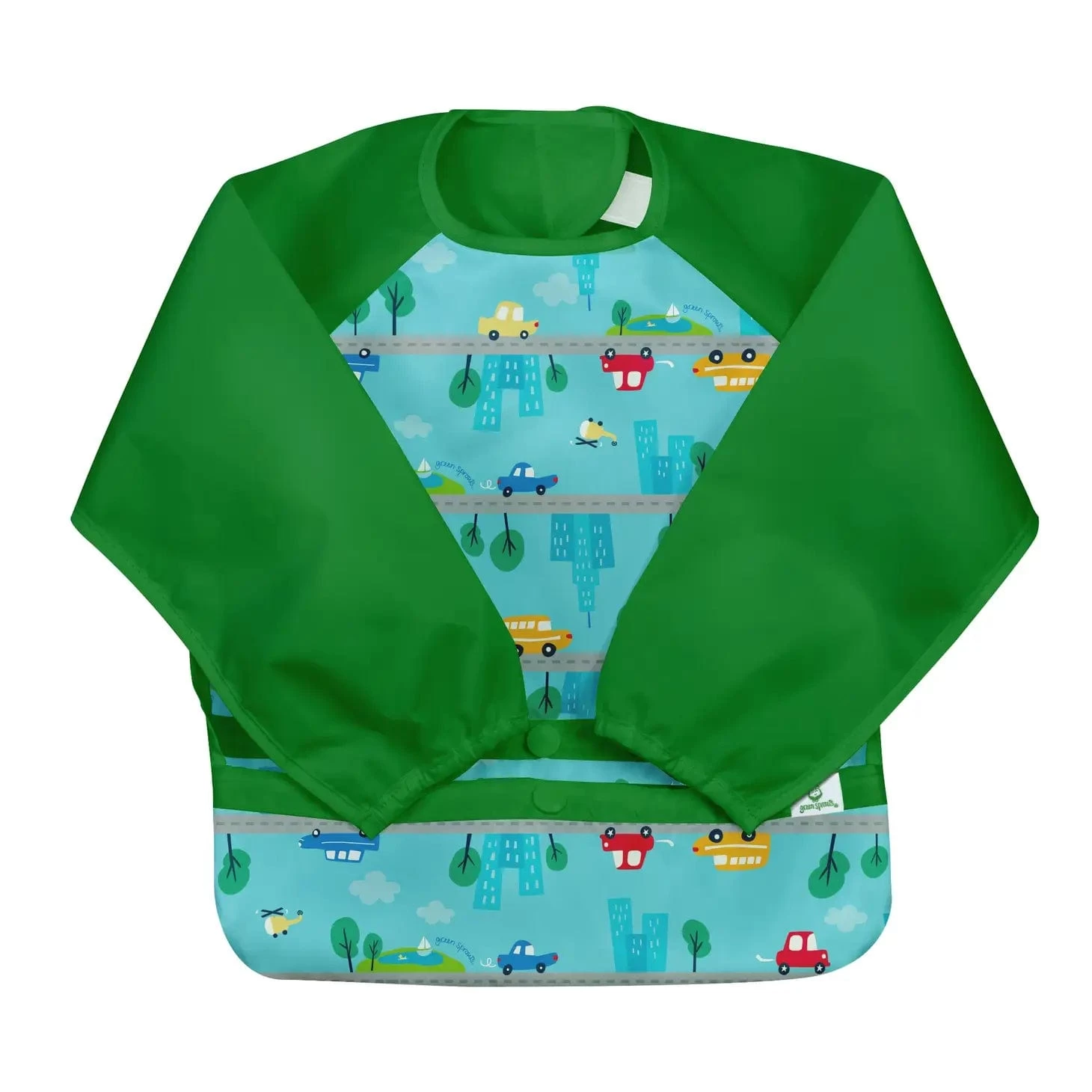 Green Sprouts Snap + Go® Easy-wear Long Sleeve Bib Aqua Cars