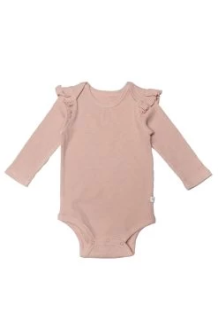 Waffle Long Sleeve Ruffle Bodysuit - Rose Smoke