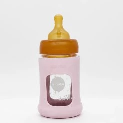 Hevea Powder Pink Wide Neck Baby Glass Bottle With Sleeve (150ML/5oz)