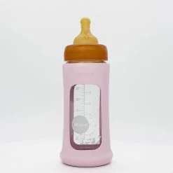 Hevea Wide Neck Baby Glass Bottle With Sleeve (250ML/8.5oz) - Powder Pink